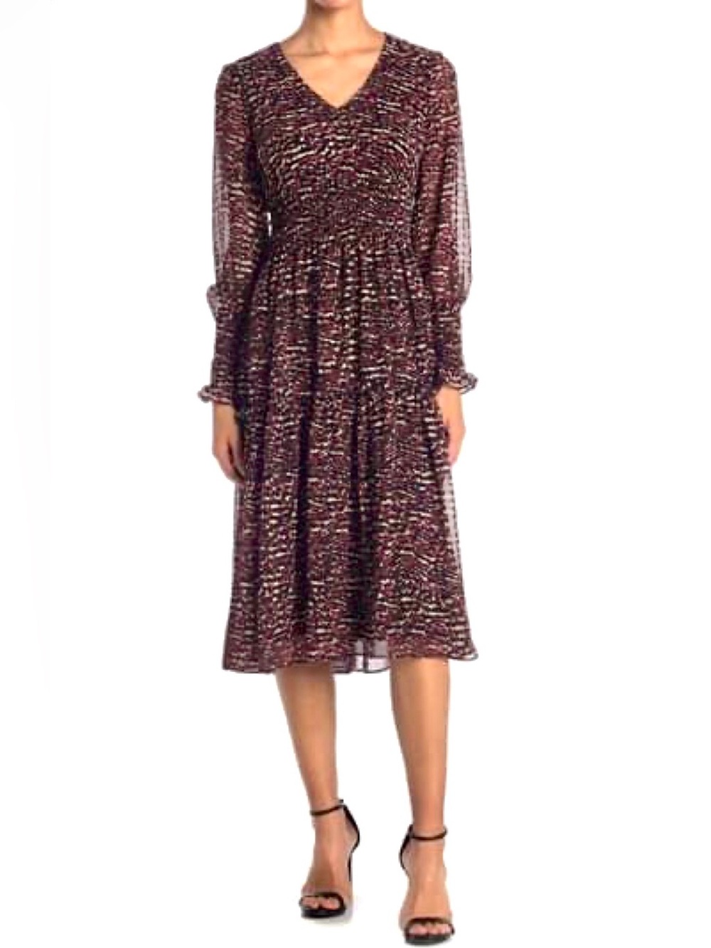 Just Taylor Burgundy and Black Printed V-Neck Long Sleeve Midi Dress